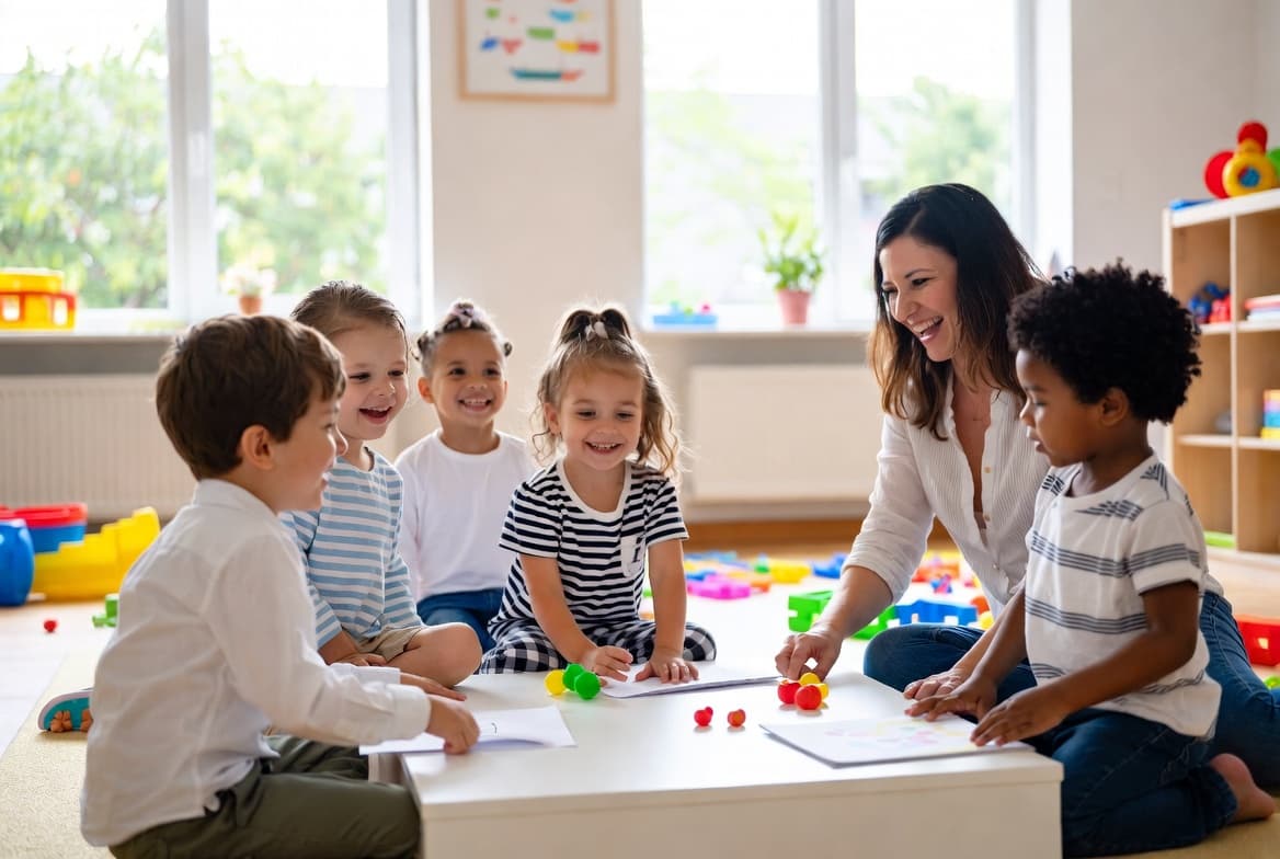 Teacher with children in a warm classroom